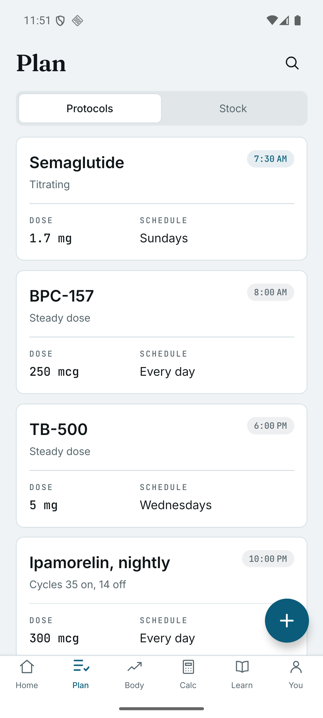 Pepfolio's Plan tab listing four protocols: semaglutide 1.7 mg on Sundays and marked titrating, BPC-157 250 mcg every day, TB-500 5 mg on Wednesdays, and ipamorelin 300 mcg nightly cycling 35 days on and 14 off.